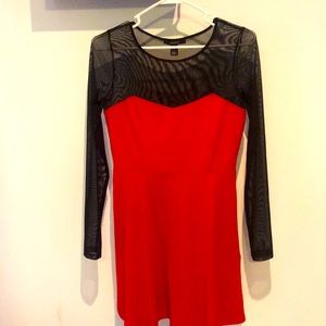 Short Red dress with sheer black long sleeves